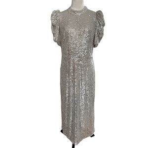 H&M Holiday Collection grey silver puff sleeves midi sequin sparkle dress